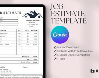 Job Estimate Template Editable PDF Canva - Contractor Invoice Form Construction Painting Electrical Plumbing - Instant Download