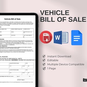 Vehicle Bill of Sale Template, Fillable Form Trailer | Auto Car Sale Record | Google Doc | Notarize Seal | Editable Fillable PDF | Word