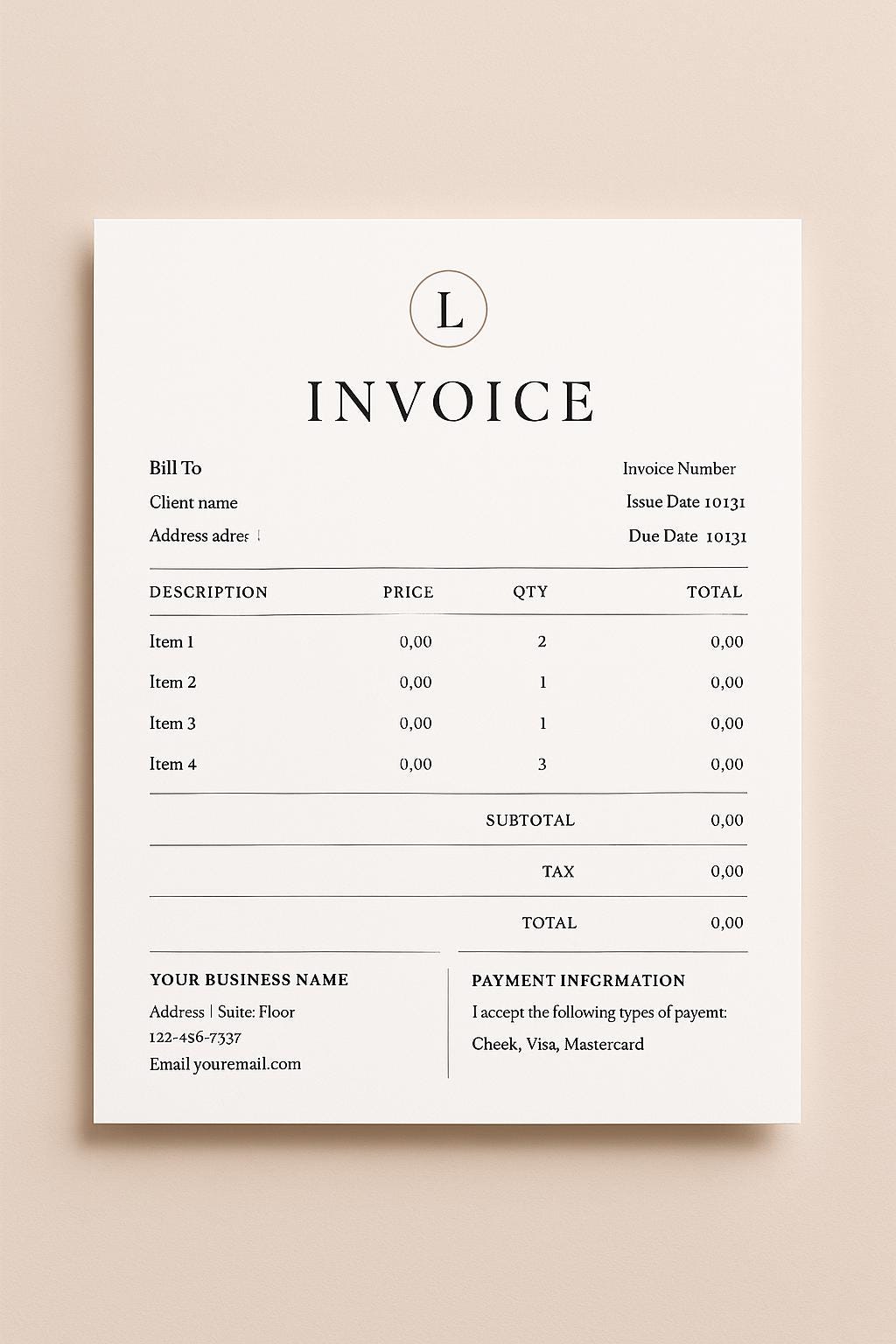Minimalist Business Invoice Template: Modern Boho Design (Digital Download)