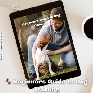 May include: A tablet displays the text "Beginner's Guide to Dog Training" with a photo of a person and a dog. The dog is brown and white, and the person is wearing a gray hoodie and jeans. A cup of coffee and a stylus are also visible.