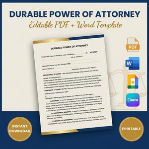 Power of Attorney Template Editable PDF Word, Durable POA Form Printable, Legal Document Google Docs Canva, Instant Download