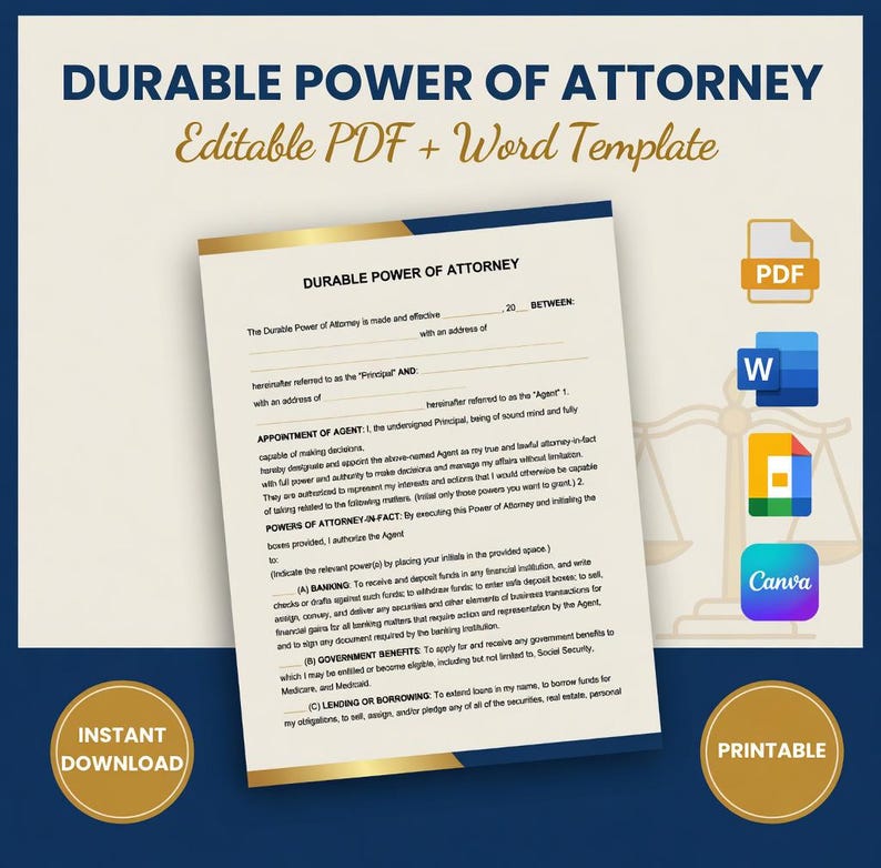 Power of Attorney Template Editable PDF Word, Durable POA Form ...