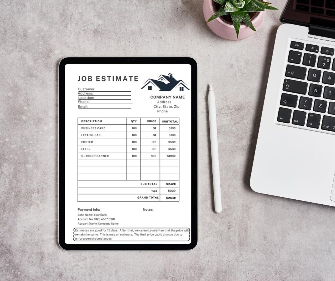 Job Estimate Template Editable PDF Canva - Contractor Invoice Form ...