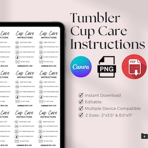 Tumbler Care Instructions Card: Small Business Supplies (Digital Download, Canva Edit)