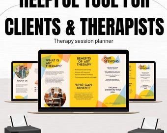 Könnte beinhalten: Ein Therapie-Sitzungsplaner mit dem Text "HELPFUL TOOL FOR CLIENTS & THERAPISTS". Der Planer wird auf drei Laptops angezeigt, mit Informationen zur Kunsttherapie und Sitzungsdetails. Zwei Drucker befinden sich im Vordergrund.