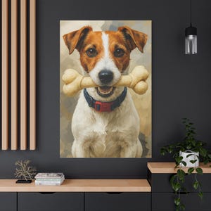 Art mural Jack Russell Terrier avec chien en os | Impression sur toile | Oeuvre d&#39;art mignonne pour animaux de compagnie pour la décoration intérieure | Cadeau drôle pour amoureux des chiens | Plusieurs tailles