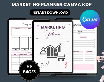 Digital Marketing Planner | 55-Page Editable Canva Strategy & Content Organizer for Small Business Growth Success