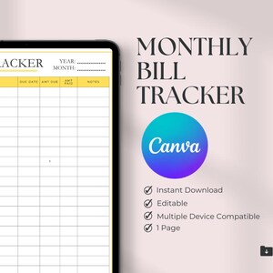 Monthly Bill Tracker | Bill Payment Checklist Tracker | Printable Bill Pay Organizer | Bill Payment Tracker | Bills Checklist | Canva