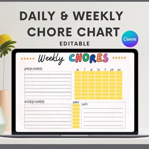 Chore Chart | Printable Editable Daily & Weekly Kids Chore Responsibility Chart | Instant Download | Kids Routine Chart | Canva