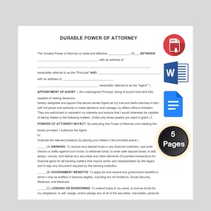 Durable Power of Attorney Template, Printable, Editable, Durable Power of Attorney Form, POA Agreement. Google Docs Word PDF Download