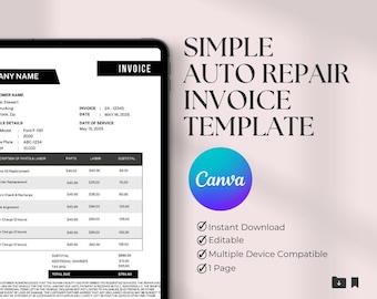 Mechanic Invoice Template Canva Editable PDF, Auto Repair Shop Receipt, Professional Car Service Bill Form, Printable Digital Download