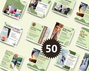 Instagram Templates Canva - 50 Weight Loss Fitness Posts - Health Coach Social Media Bundle - Editable PNG PDF Download