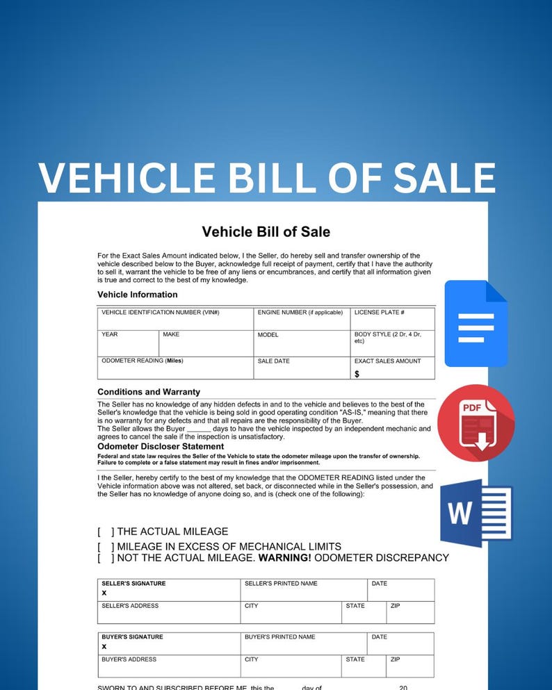 Vehicle Bill of Sale Template, Fillable PDF, Google Doc, WORD - Etsy