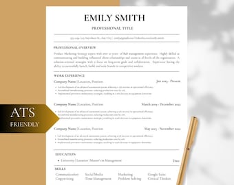 May include: A resume template with a gold background and black text. The resume is for Emily Smith, who has over 10 years of experience in product marketing strategy and business management. The resume includes sections for professional overview, work experience, education, and skills.