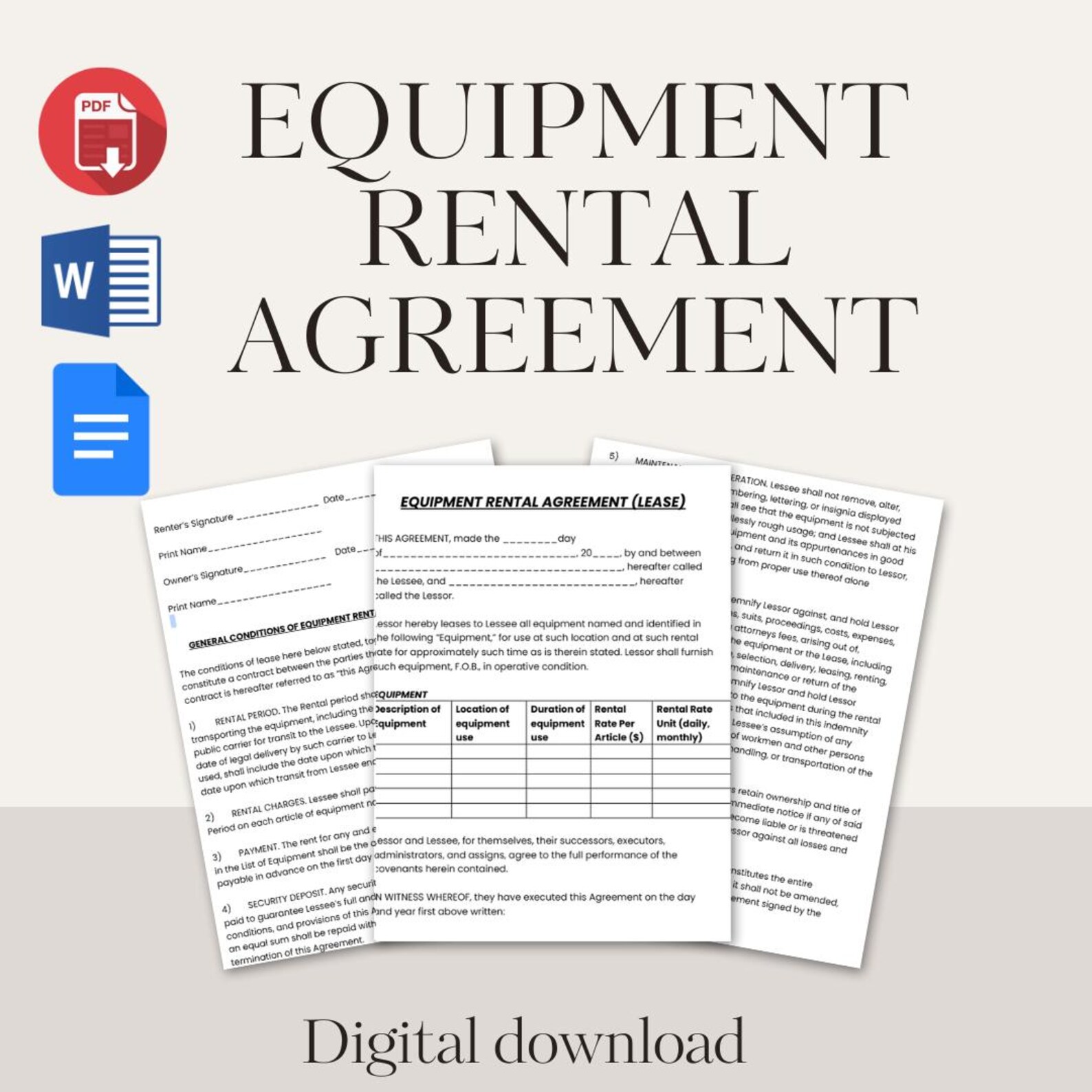 Item Rental Form Equipment Rental Agreement Template: Editable Contract (PDF, MS Word ...