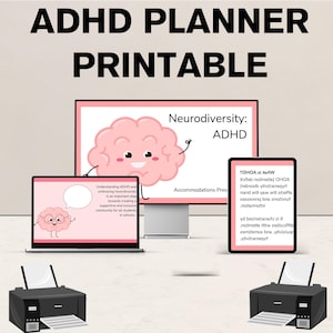 Puede incluir: Imagen que promociona un planificador de TDAH imprimible. La imagen presenta un monitor de computadora, una computadora portátil y una tableta que muestran un gráfico de cerebro rosa con el texto "Neurodiversidad: TDAH". Una impresora se muestra en la parte inferior. El texto "ADHD PLANNER PRINTABLE" está en la parte superior.