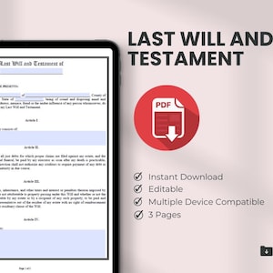以下が含まれることがあります： デジタルタブレットには「遺言」の書類が表示されています。画像には、下向きの矢印が付いた赤いPDFアイコンと、即時ダウンロード、編集可能、複数のデバイスとの互換性、3ページを示すテキストが含まれています。