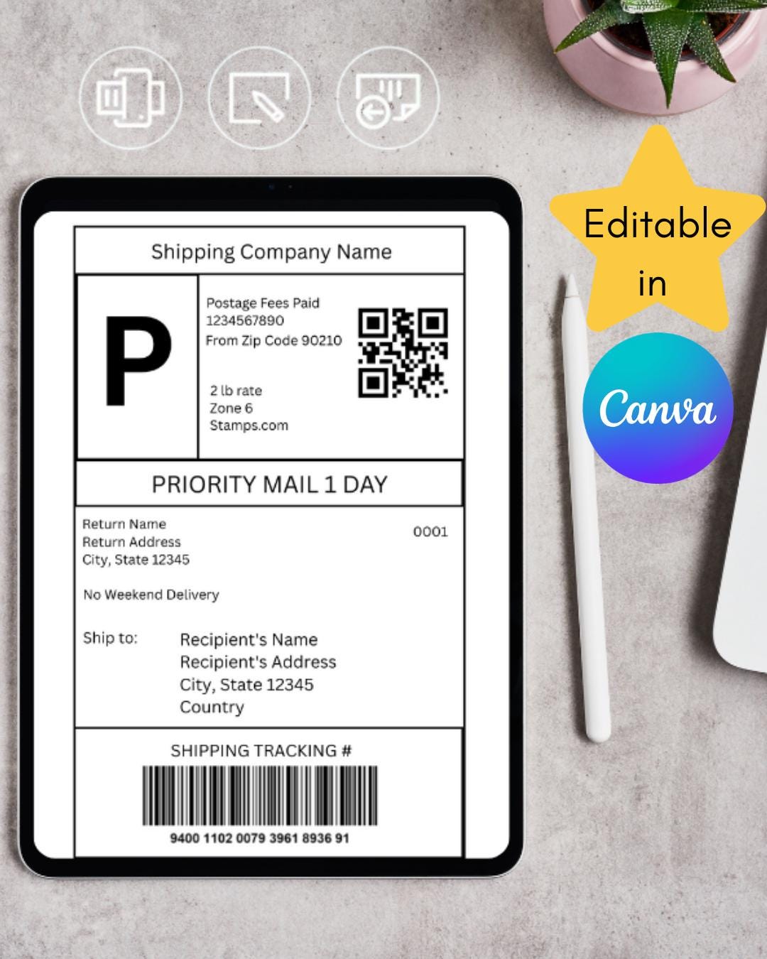 Editable Shipping Label Template 4x6, Canva Word Printable Package
