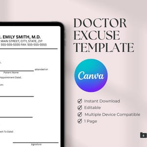 Modèle d&#39;excuse médical modifiable : note médicale pour le travail/l&#39;école (PDF canva)
