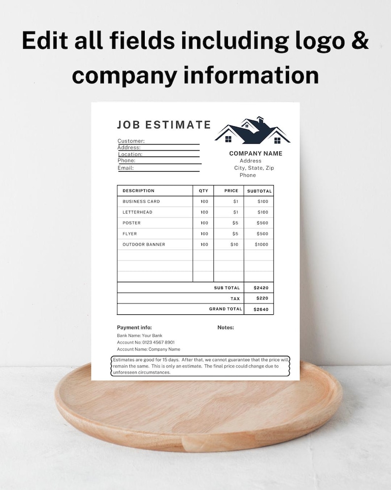 Job Estimate Template Editable PDF Canva - Contractor Invoice Form ...