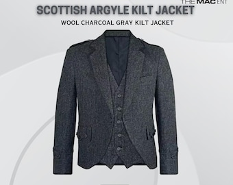 May include: A charcoal gray Scottish Argyle kilt jacket made of wool. The jacket has a three-button closure, two front pockets, and a matching vest. The image includes the text "SCOTTISH ARGYLE KILT JACKET" and "WOOL CHARCOAL GRAY KILT JACKET".