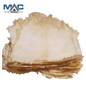 Peut inclure: Une pile de feuilles de papier crème vieilli avec des bords irréguliers et déchirés. Le papier a un aspect vintage et antique, avec de subtiles taches brunes sur les bords. Le logo "MAC THE MAC ENT" est visible en haut à gauche et au centre de l'image.