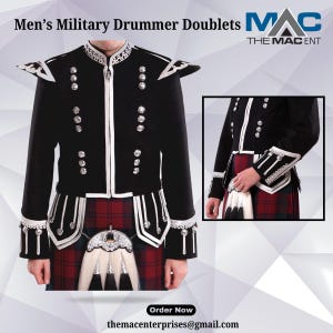 Könnte beinhalten: Schwarze Militär-Drummer-Jacke mit silbernen Akzenten und einem rot-schwarz karierten Kilt. Die Jacke hat silberne Knöpfe und Verzierungen sowie dekorative Schulterstücke. Der Text "Men's Military Drummer Doublets" und "MAC THE MAC ENT" ist enthalten.