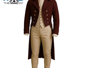 May include: A burgundy wool coat with gold buttons, a cream-coloured waistcoat, a white shirt, and tan trousers. The coat has a double-breasted design and a long tail. The outfit is a historical costume.