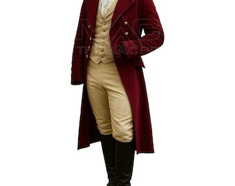 May include: A burgundy long coat with gold buttons, worn with a beige waistcoat, trousers, and black knee-high boots. A white scarf is visible at the neck. The logo "MAC THE MACENT" is in the upper left corner.