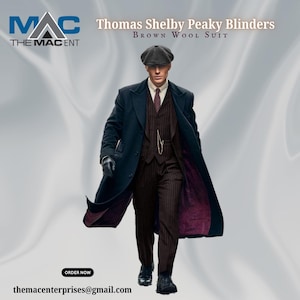 May include: A man in a brown pinstripe suit, black overcoat, and a flat cap, inspired by Thomas Shelby from Peaky Blinders. The image includes the text "Thomas Shelby Peaky Blinders Brown Wool Suit" and the logo "MAC The Mac Ent".