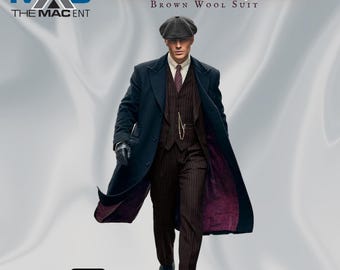 Conjunto completo de Thomas Shelby en Peaky Blinders: Conjunto clásico vintage de los años 20: traje de tres piezas, abrigo largo, camisa, corbata, gorra y reloj de bolsillo.