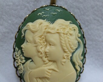 Pendant Sisters or Mother and Daughter Cameo Cream ,Green,  Plum or Two Tone Vintage cameo  Reproduction  Chain Included with Pendant