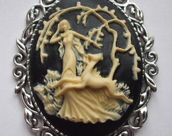 Vintage Cameo Pendant Mythological Goddess Diana The Huntress & Deer Cameos Cream Black Reproduction  Chain Included with Pendant