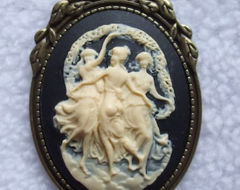 Vintage Cameo Pendant Mythological Three  Graces, sisters, Cosplay, Agatha Harkness Carved Lucite Necklace Reproduction Chain Included