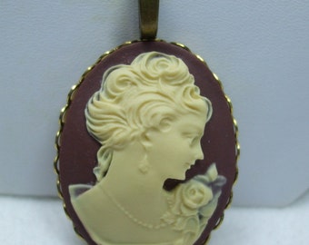 Cameo Lady Cameo Necklace Cream and Brown Young Girl Pendant vintage reproduction Chain Included with Pendant