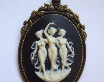 Vintage Cameo Pendant Mythological Three  Graces, sisters, Cosplay, Agatha Harkness Carved Lucite Necklace Reproduction Chain Included