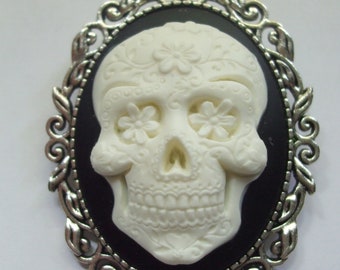 Sugar Skull Cameo Necklace, White on Black, Goth, Day of the Dead Ornate Pendant-  Chain Included with Pendant