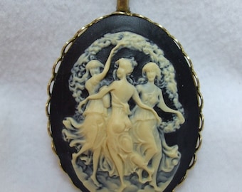 Vintage Cameo Pendant/Brooch Mythological Three Graces, sisters, Cosplay, Agatha Harkness Necklace Reproduction Chain Included with Pendant.