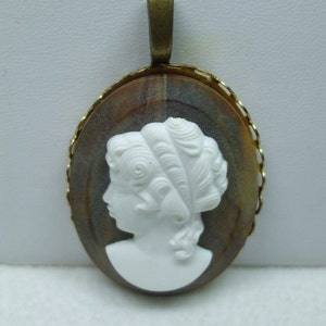 Cameo Woman Cameo Necklace  Acrylic  White and Brown Young Girl Pendant Reproduction  Chain Included with Pendant