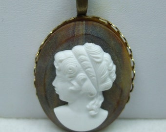 Cameo Woman Cameo Necklace  Acrylic  White and Brown Young Girl Pendant Reproduction  Chain Included with Pendant
