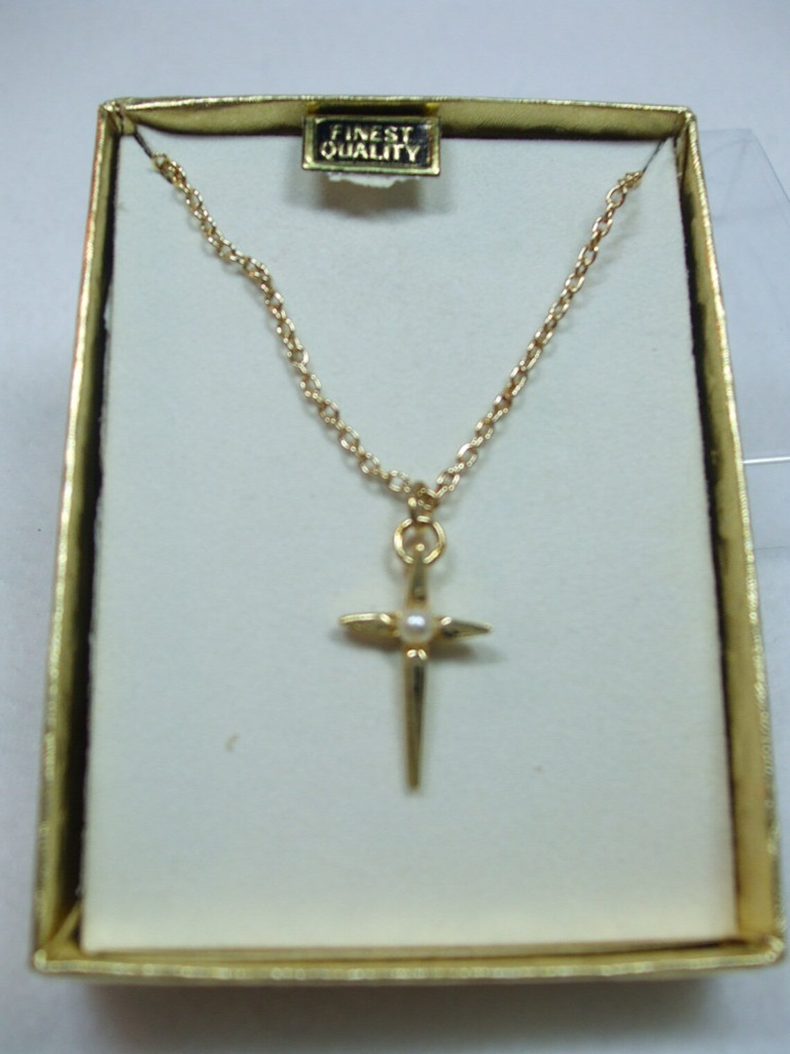 Vintage Beautiful Cross Necklace with Faux Pearl in Original Etsy