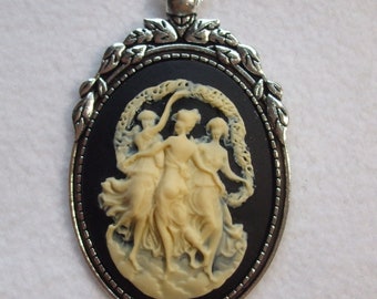 Vintage Cameo Pendant Mythological Three  Graces, sisters, Agatha Harkness Carved Lucite Necklace Reproduction CosplayChain Included