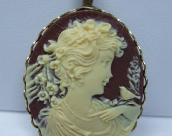 Cameo Woman Cameo Necklace  Acrylic  Cream and Brown Young Girl with Bird Pendant Reproduction  Chain Included with Pendant