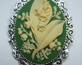 Lilly of the Valley Cameo Pendant  Vintage Acrylic cream over, Flower Cameo Pendant Necklace Reproduction  Chain Included with Pendant