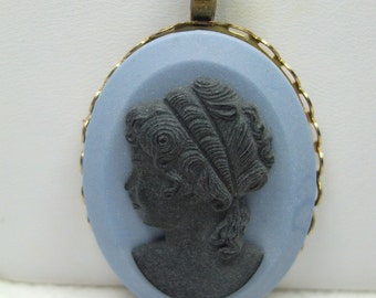 Cameo Woman Cameo Necklace  Acrylic  Blue and Black Young Girl Pendant Reproduction  Chain Included with Pendant