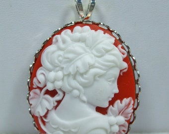 Vintage Cameo Necklace  Pendant Grecian white and red Reproduction  Chain Included with Pendant
