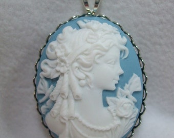 Cameo Lady  Pendant  Grecian Aqua Blue and White Chain Included with Pendant