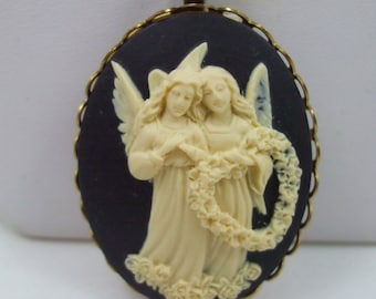 Vintage Cameo Guardian Angel   Pendant Necklace  Cream over Black or Purple and White Reproduction  Chain Included with Pendant