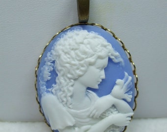 Cameo Woman Cameo necklace  Pendant or Aqua Blue and White Reproduction  Chain Included with Pendant