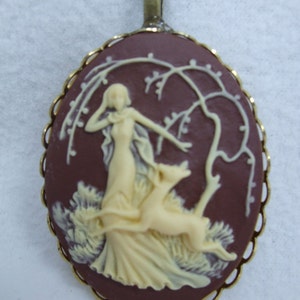 Vintage Cameo Pendant Mythological Goddess Diana The Huntress & Deer Cameos Cream over Brown Reproduction  Chain Included with Pendant